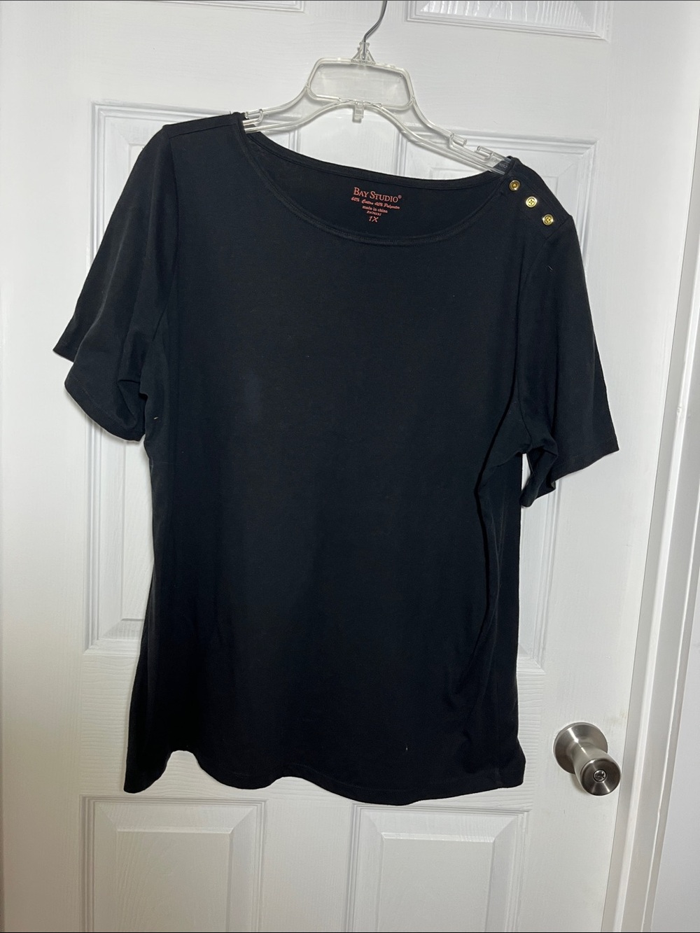 Bay Studio Black Short Sleeve Top with Gold Shoulder Buttons